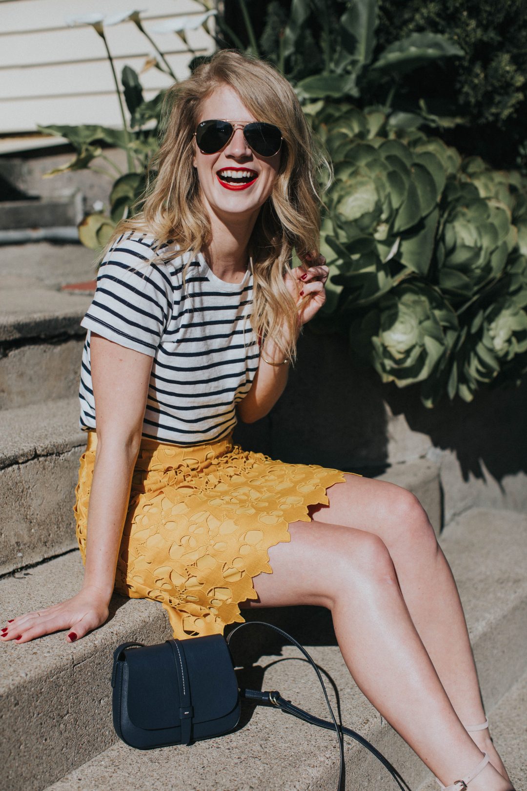 Strawberry Stripes | Cait Weingartner wears a LOFT lace skirt with J. Crew striped tee and Steve Madden heels.