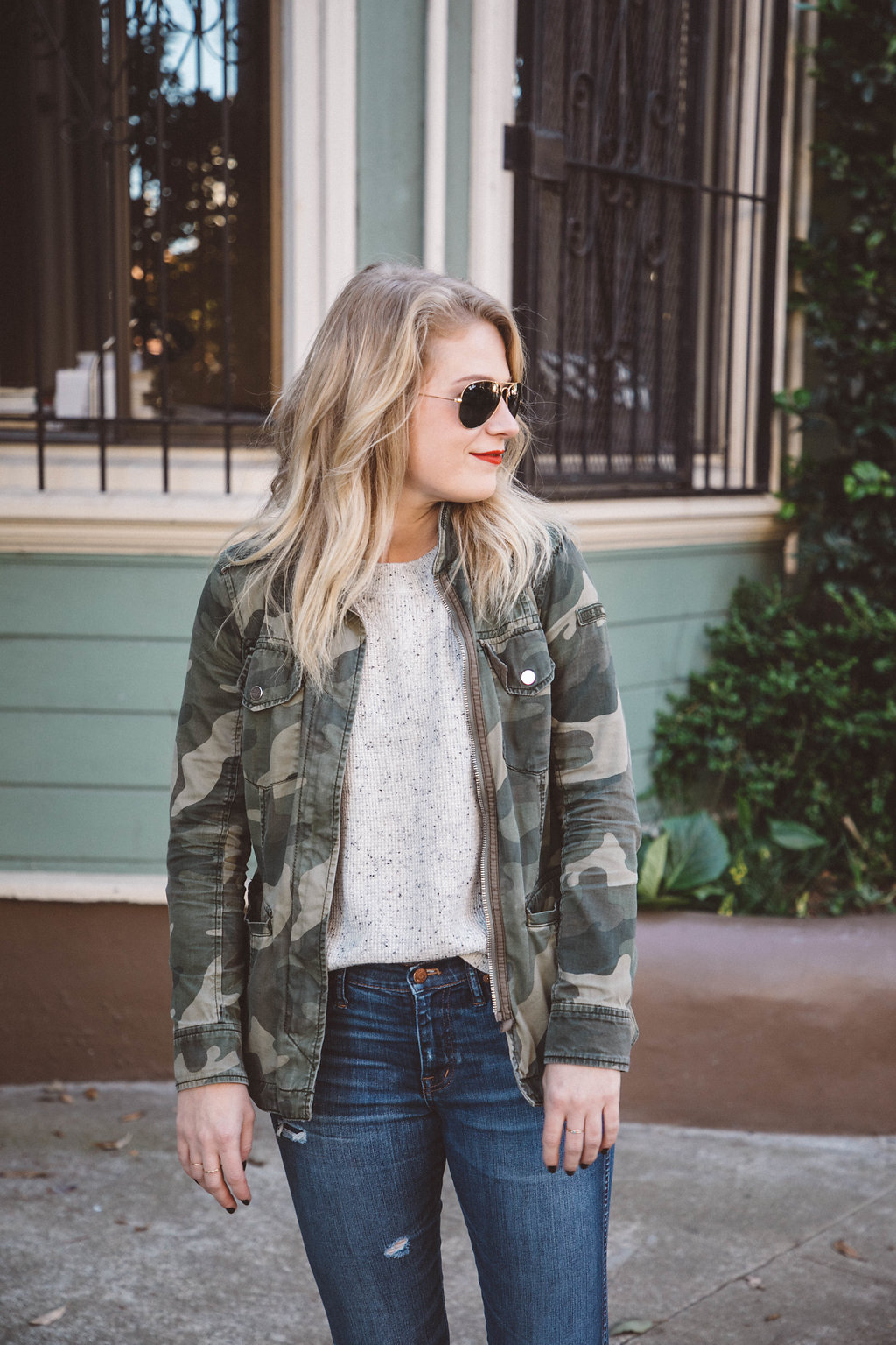 Weekend Wear in Madewell Cashmere and Denim and Pink Nike Sneakers.