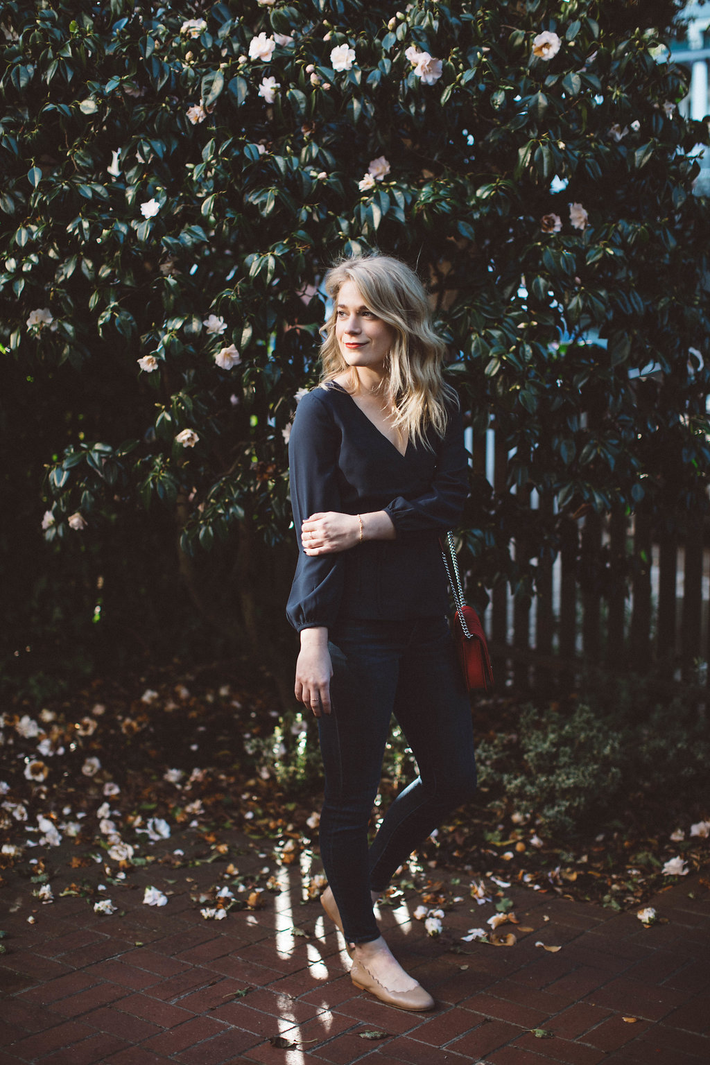 A Classic Look for the Office // J. Crew Wrap Top with Dark Madewell Denim and Scalloped Ballet Flats